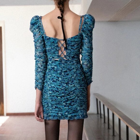 Free People Sabina Musayev Dress Women  Chiffon Ruched Bodycon Mini Allison Sz L - Picture 2 of 5